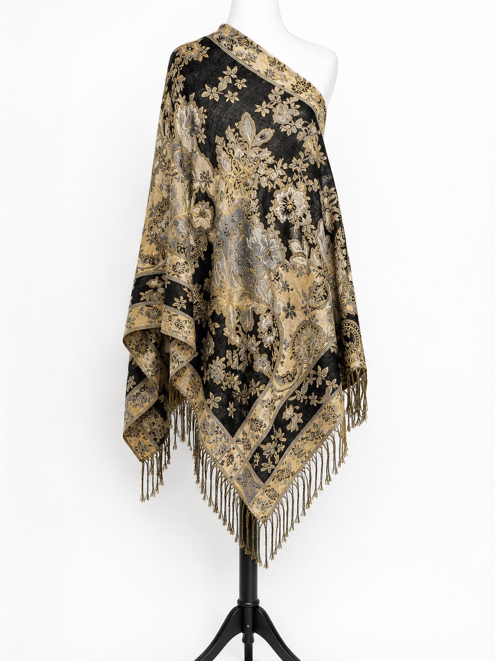 NWT Boho Asymmetrical Magic Scarf Wrap Poncho Shawl Fringe Floral Paisley